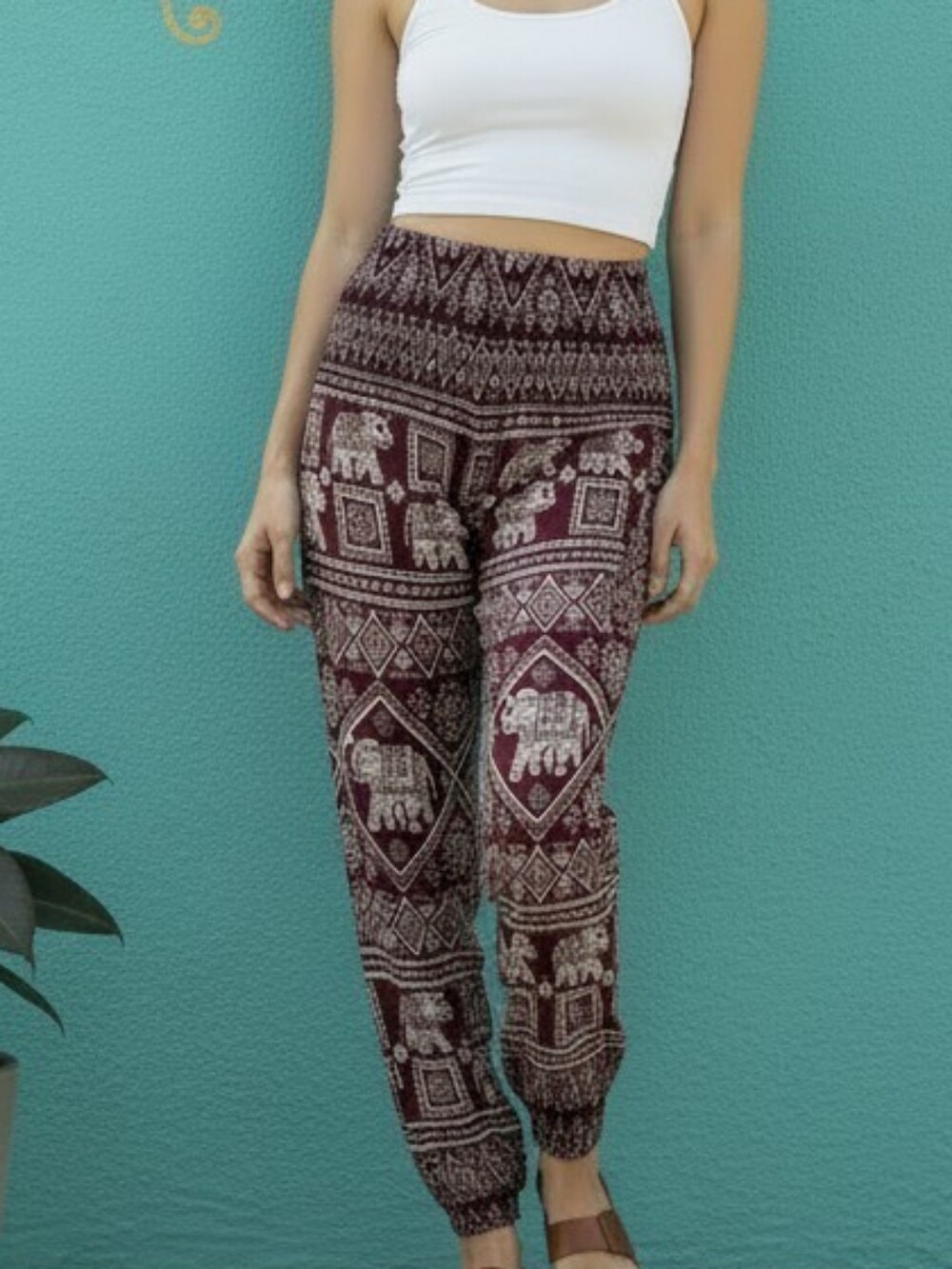 Boho Elephant Print Elastic Waist Harem Pants - Burgundy Bohemian Indie, *XS